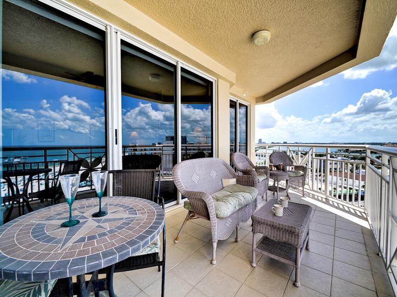 Large balcony has plenty of seating.